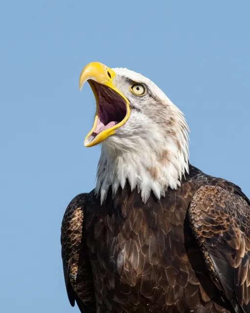 A bald eagle with its bright yellow beak wide open calls against a clear light blue sky