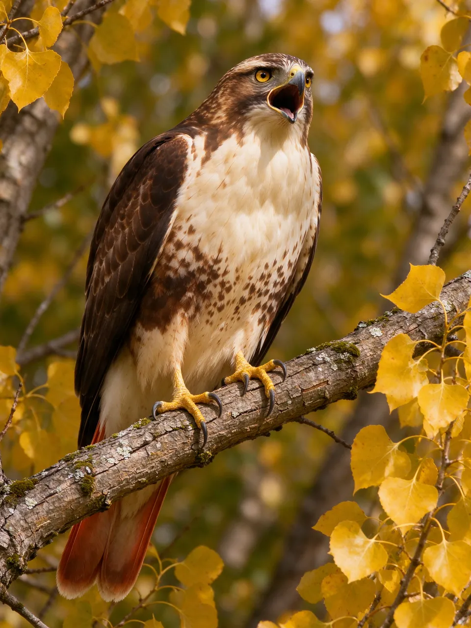 A red-tailed hawk with an open beak perches on a mossy cottonwood branch surrounded by yellow autumn leaves