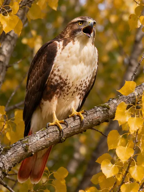 A red-tailed hawk with an open beak perches on a mossy cottonwood branch surrounded by yellow autumn leaves