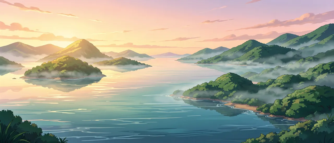 Anime-style illustration of a misty calm bay with green forested islands at soft pastel dawn