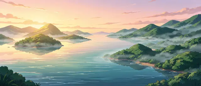 Anime-style illustration of a misty calm bay with green forested islands at soft pastel dawn