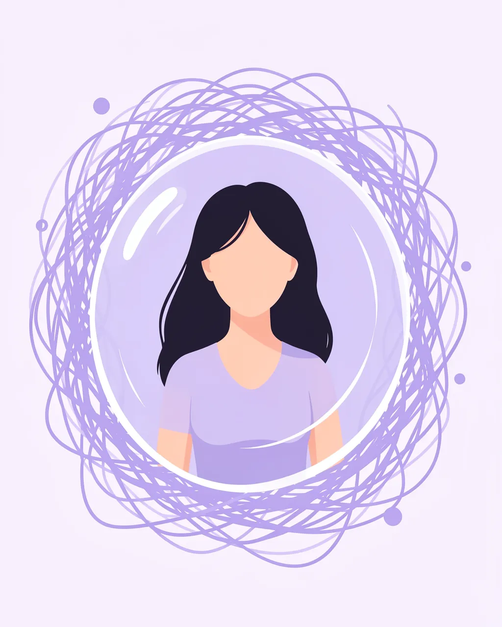 Faceless woman sits inside a clear calm bubble surrounded by swirling lilac scribbles representing anxiety