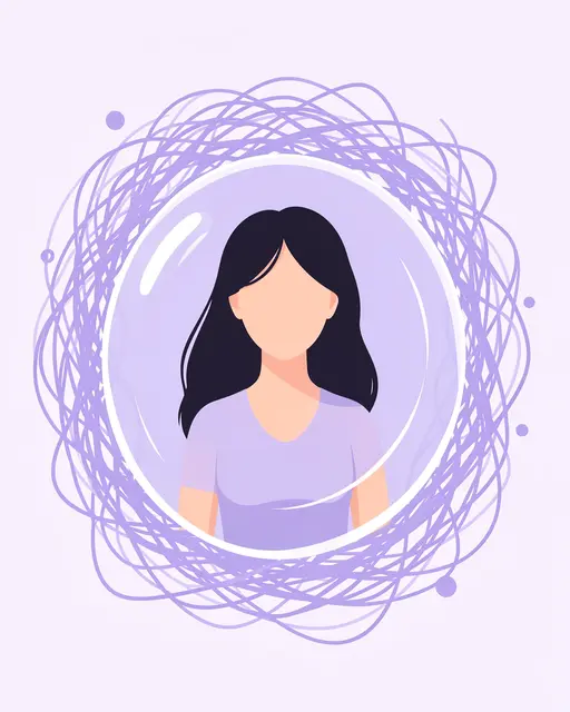 Faceless woman sits inside a clear calm bubble surrounded by swirling lilac scribbles representing anxiety