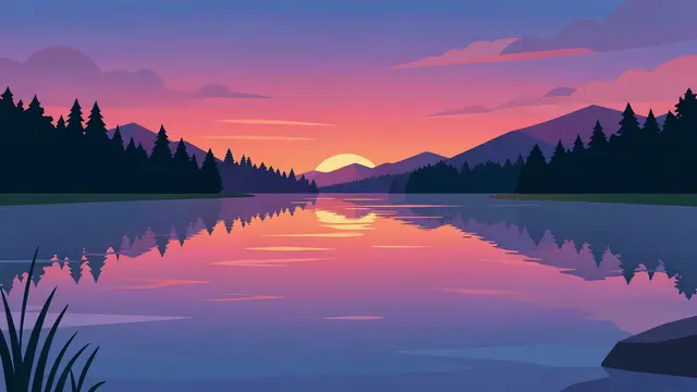 Flat illustration of a calm lake reflecting a pastel sunset, pine forests and distant mountains at dusk