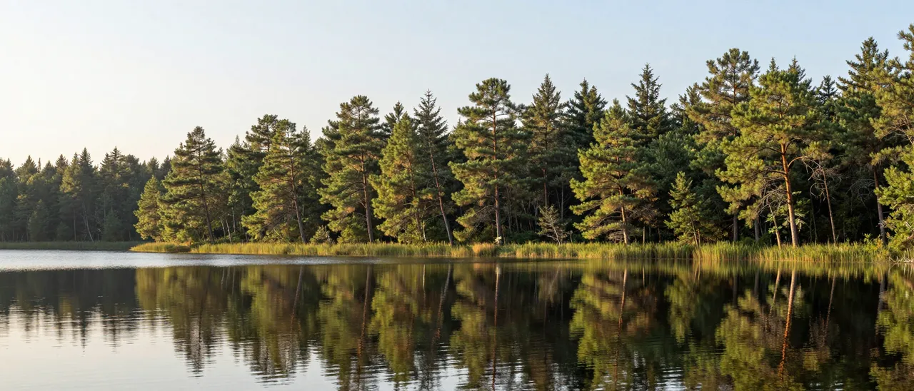 Wide banner view of a still calm lake reflecting a pine forest shoreline under pale dawn sky.
