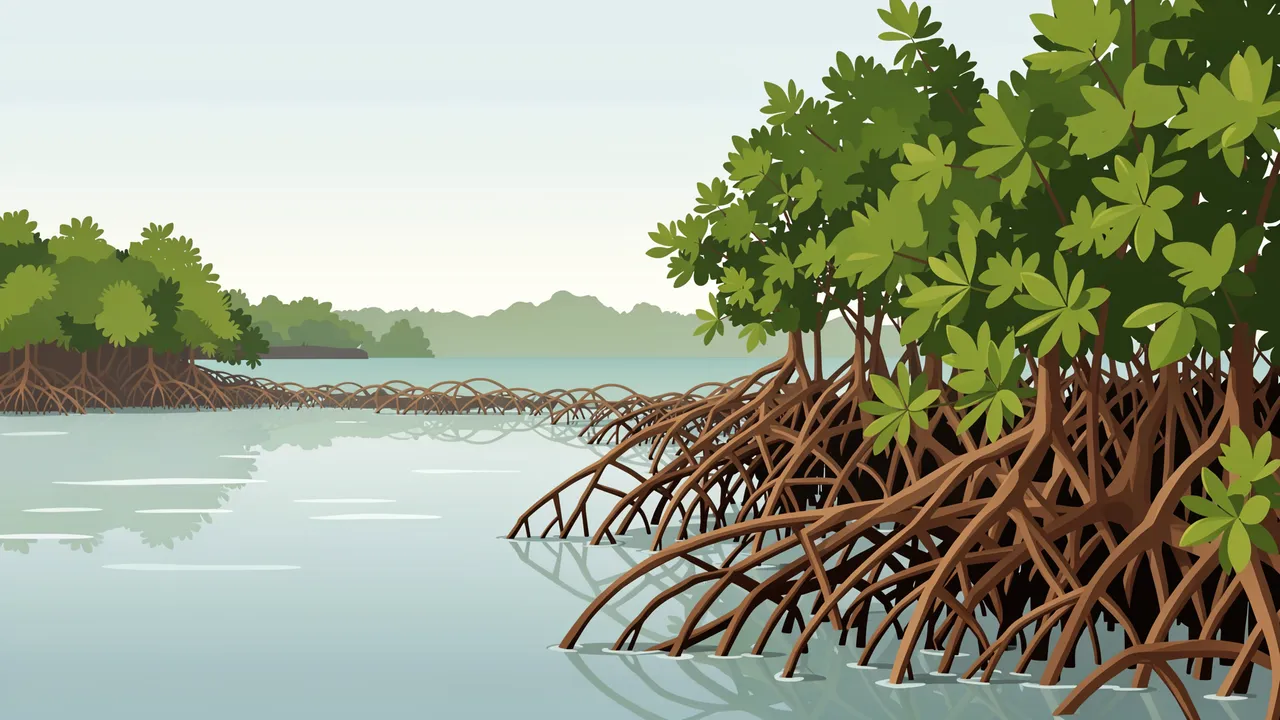 Flat vector illustration of mangrove trees with tangled roots growing in still coastal water under a pale soft sky