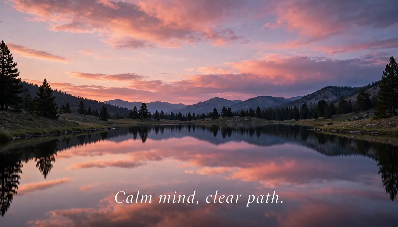 Pink dusk sky reflects in a still mountain lake overlaid with the quote "Calm mind, clear path."