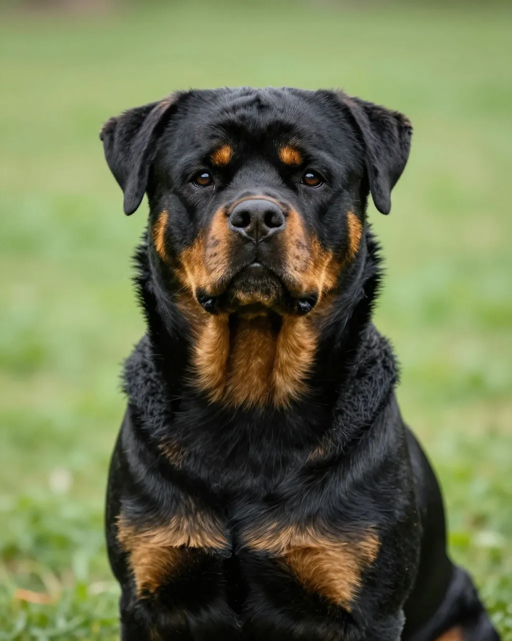 A calm rottweiler sits facing the camera against a soft blurred green grass background