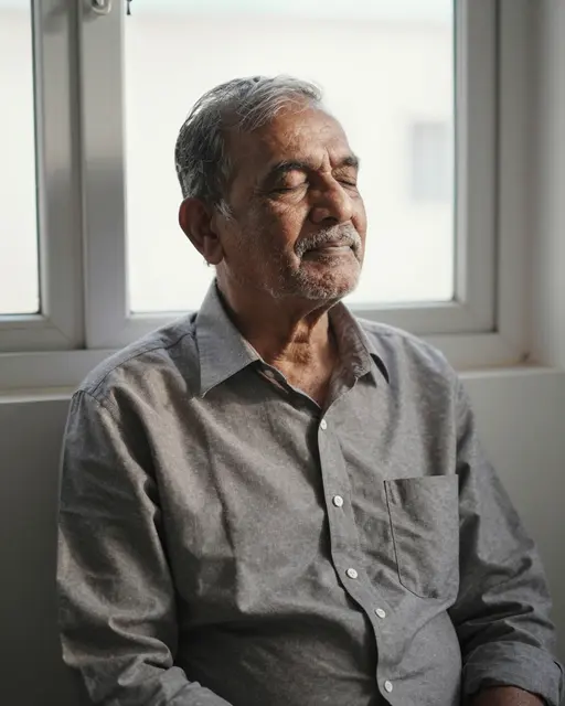 South Asian man in his seventies sits with eyes closed in warm sunlight by a window