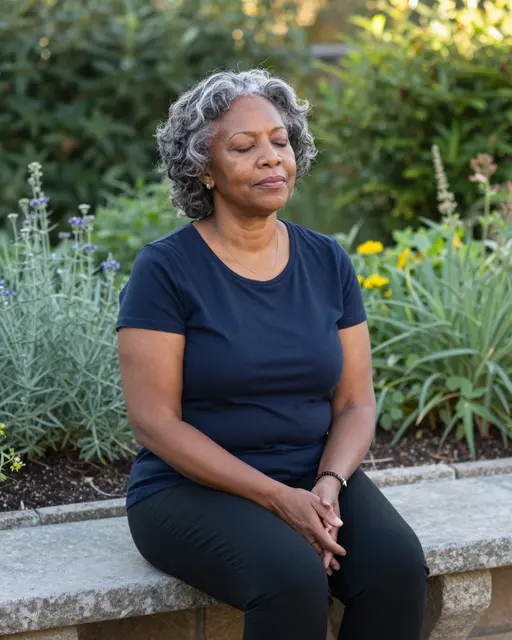 Mixed-race woman in her sixties sits on a stone bench with eyes closed in a sunlit herb garden
