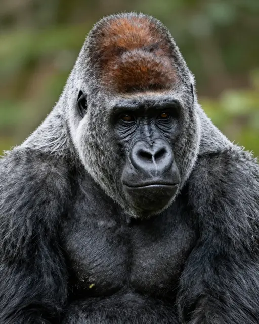 Close-up portrait of a calm silverback gorilla facing the camera with blurred green foliage behind it