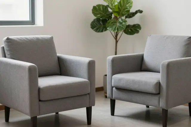 Two gray upholstered armchairs sit beside a potted fiddle leaf fig plant in soft natural window light