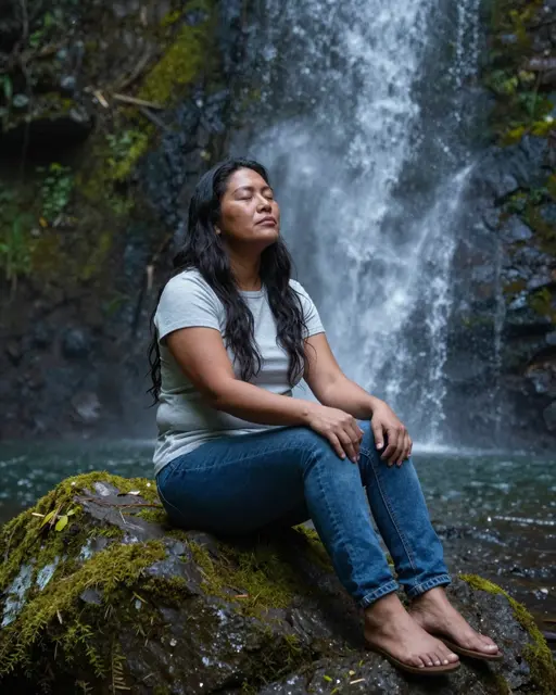 A woman in her thirties sits eyes closed on a mossy rock beside a cascading waterfall in cool forest light