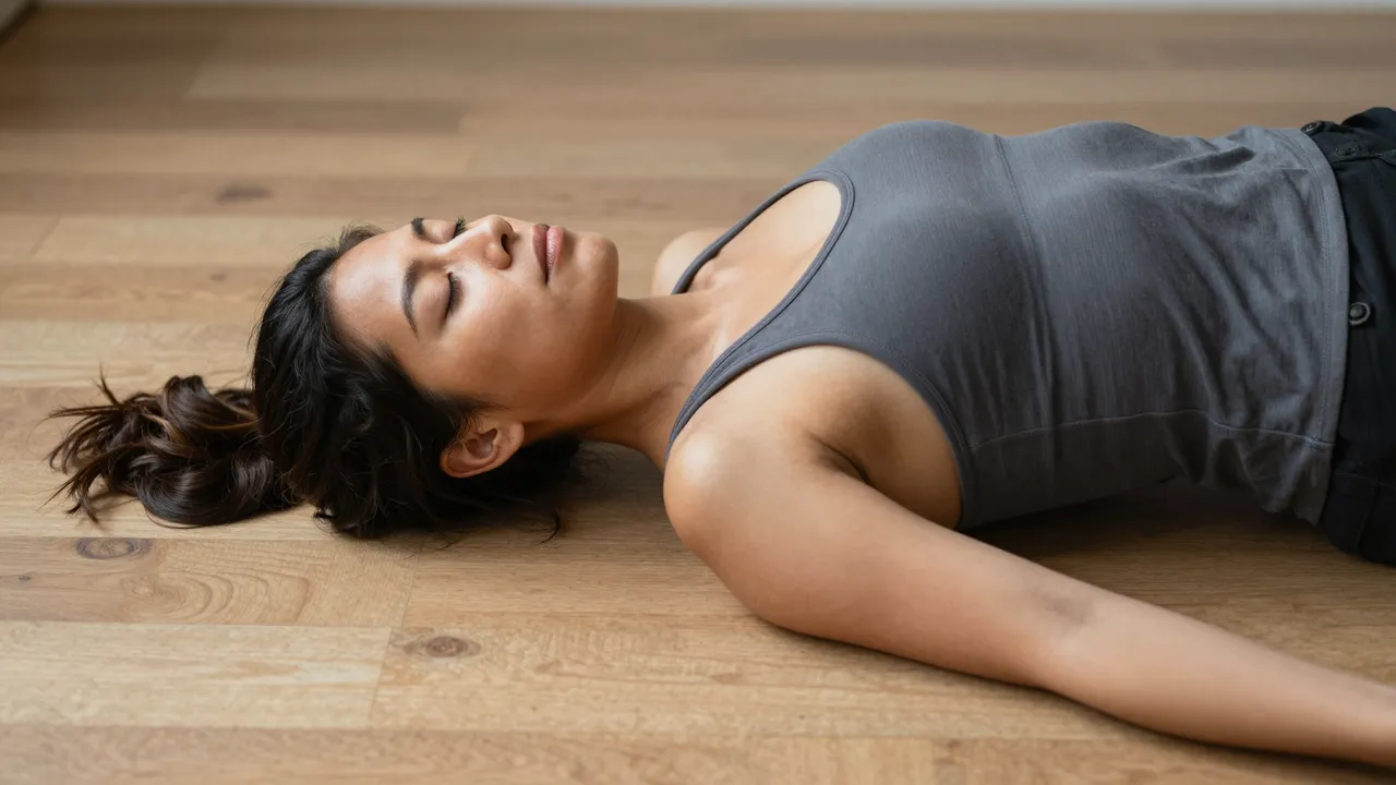 A calm adult woman lies on a sunlit wooden floor with her eyes closed resting peacefully.