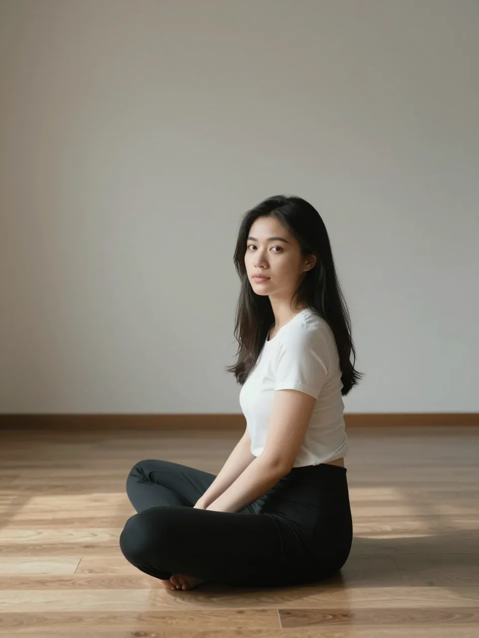 A young Southeast Asian woman sits cross-legged on a sunlit wooden studio floor looking at the viewer
