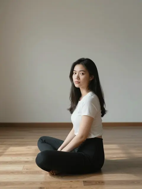 A young Southeast Asian woman sits cross-legged on a sunlit wooden studio floor looking at the viewer
