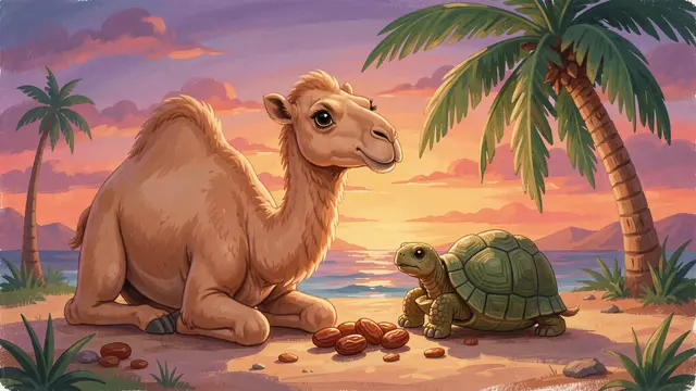 Gouache illustration of a seated camel and small tortoise sharing dates under palm trees at coastal dusk