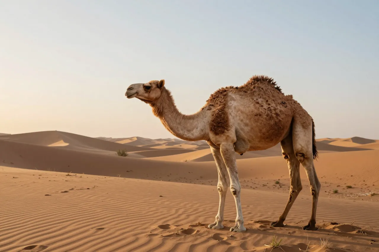 A dromedary camel stands on rippled sand dunes during soft golden sunset light