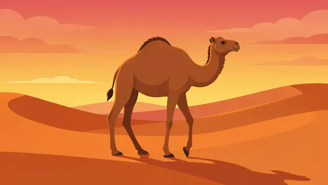 A flat vector illustration of a camel walking across orange desert dunes under a warm gradient sunset sky.