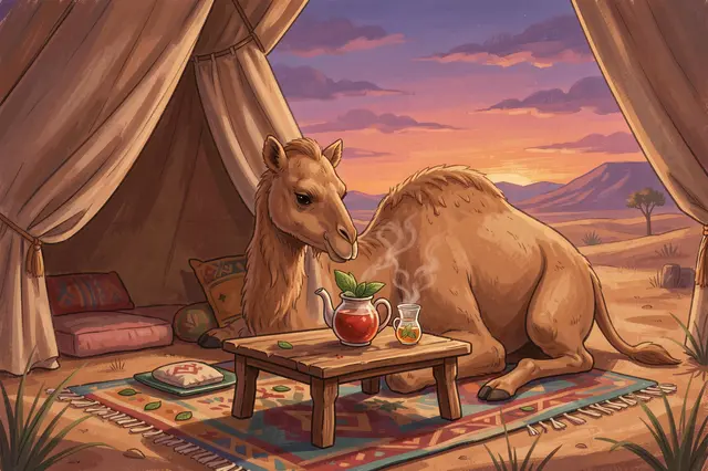 A seated camel rests by a low table with mint tea inside a desert tent at sunset