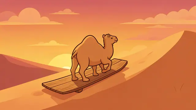 A cute cartoon camel stands on a wooden board sliding down a desert sand dune during warm sunset