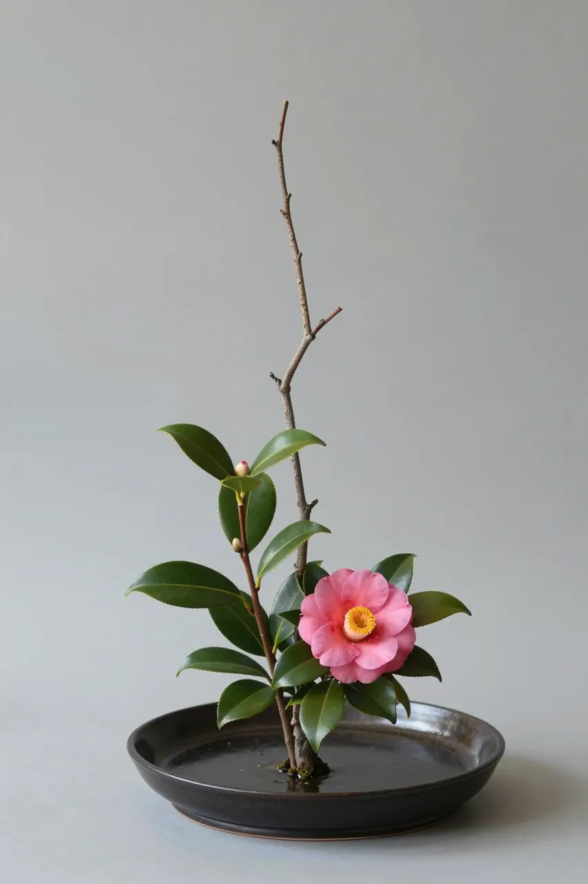 A minimalist ikebana arrangement of a pink camellia and bare branch sits in a dark shallow dish against a plain gray