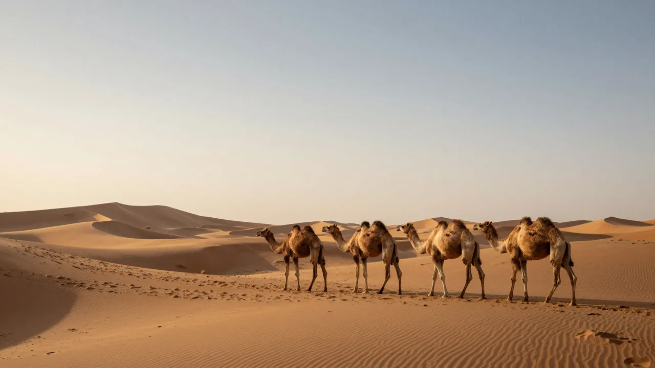 Four dromedary camels stand in a line across rippled desert sand dunes at sunset.