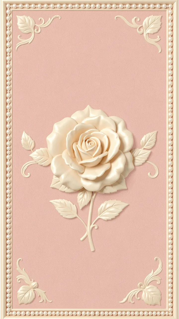 A raised cream cameo-style rose carving sits on blush pink with an ornate pearl beaded border, sized for vertical wallpaper.