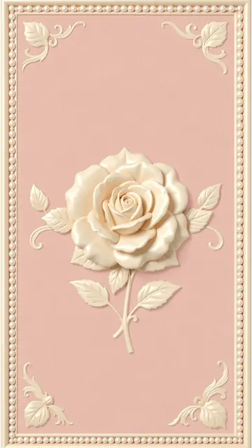 A raised cream cameo-style rose carving sits on blush pink with an ornate pearl beaded border, sized for vertical wallpaper.