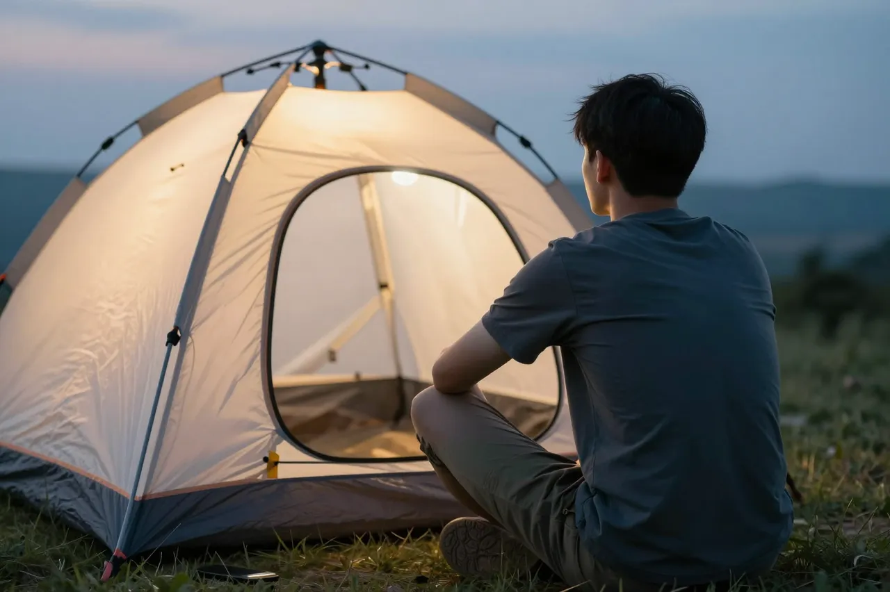A man seen from behind sits on grass beside a lit camping tent at dusk