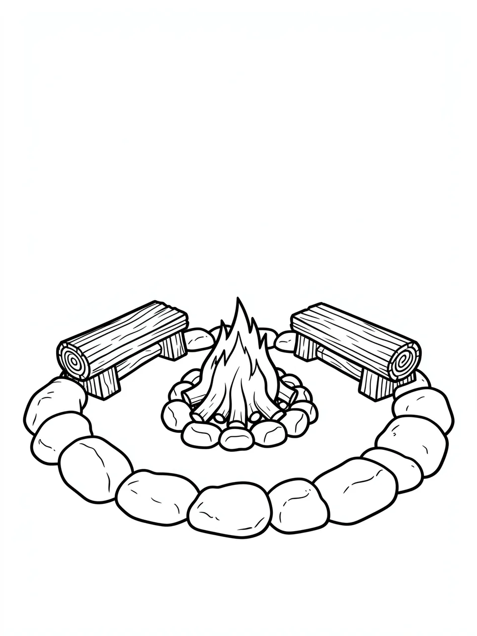 Black and white line art of a stone ring campfire with two log benches on a white background