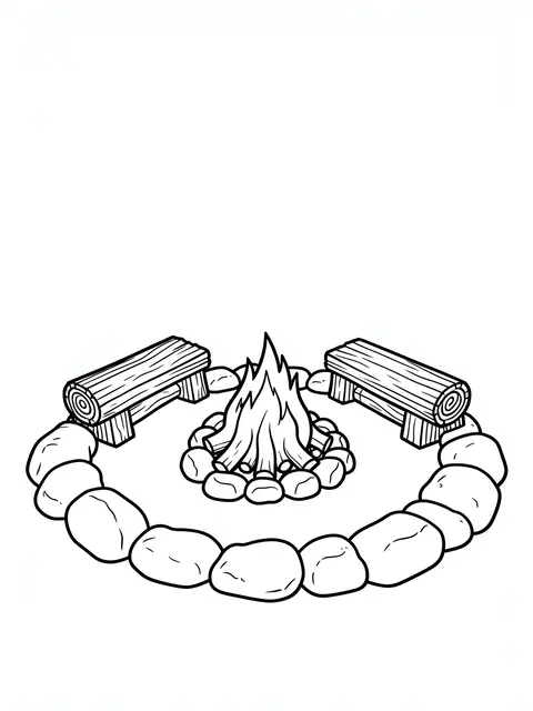 Black and white line art of a stone ring campfire with two log benches on a white background