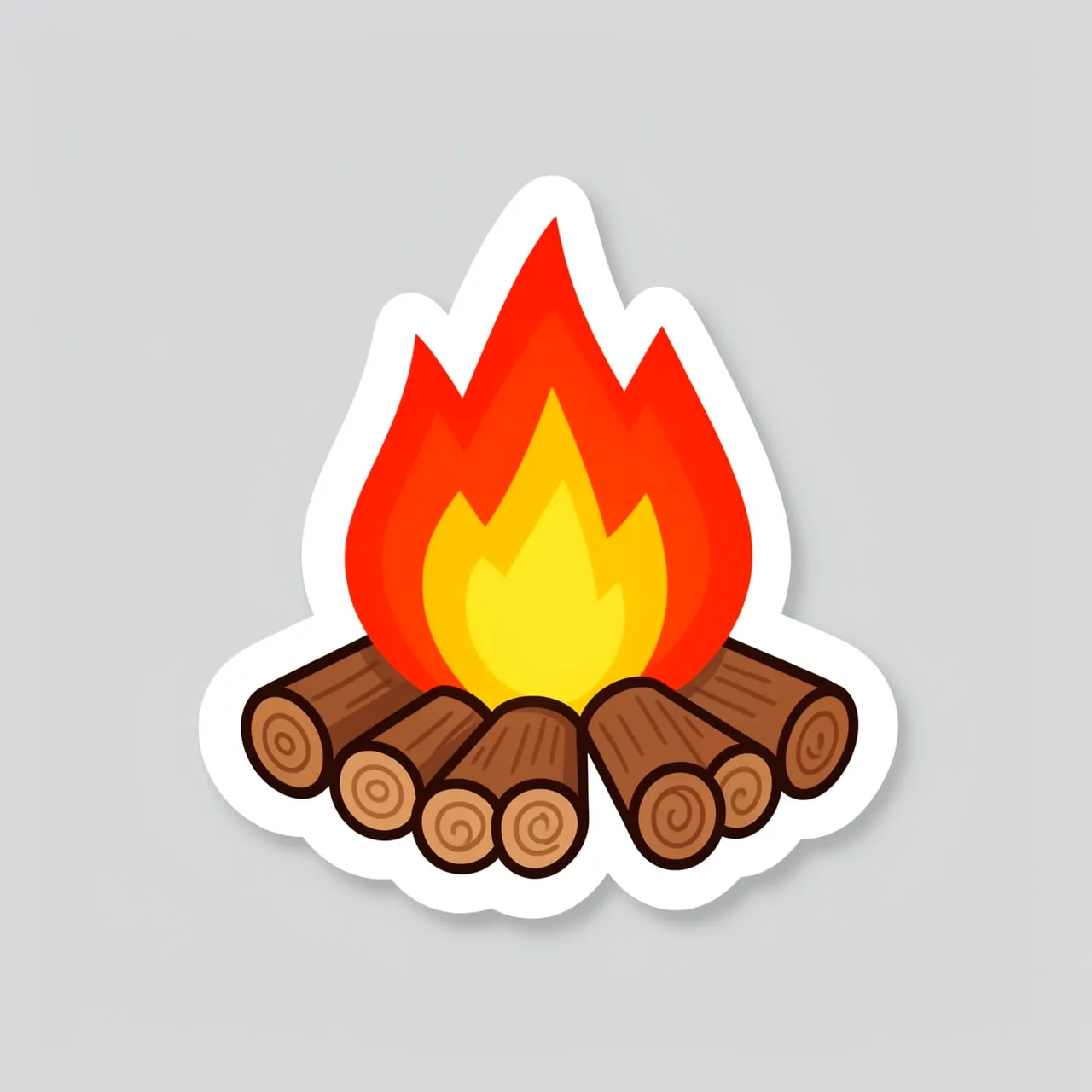 Cute flat illustration campfire sticker with a thick white border on a light gray background