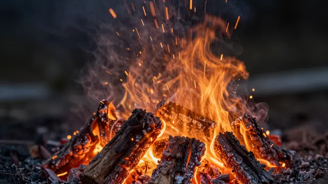 A close-up of a burning campfire with glowing orange flames, rising sparks and curling smoke against a dark background