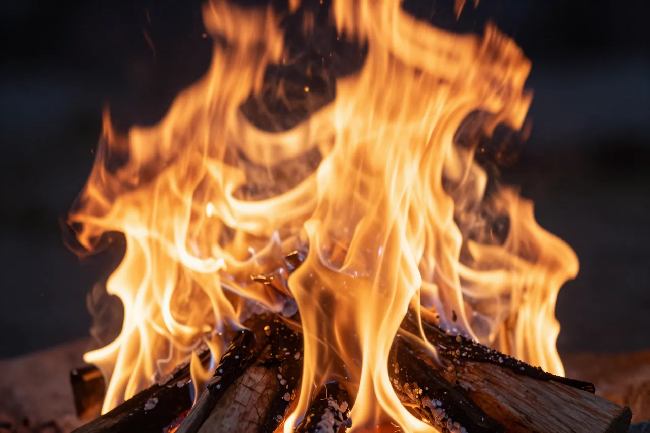 Swirling bright orange campfire flames rise over burning charred logs against a dark nighttime background