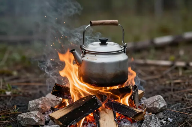 A metal camping kettle sits over a burning campfire on a forest floor