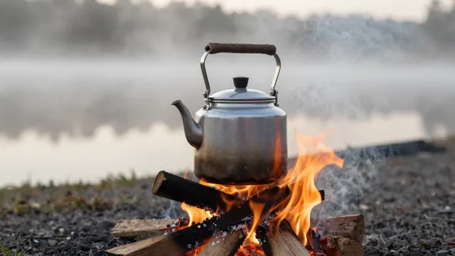 A stainless steel camping kettle heats over a small campfire beside a misty lake at soft dawn.