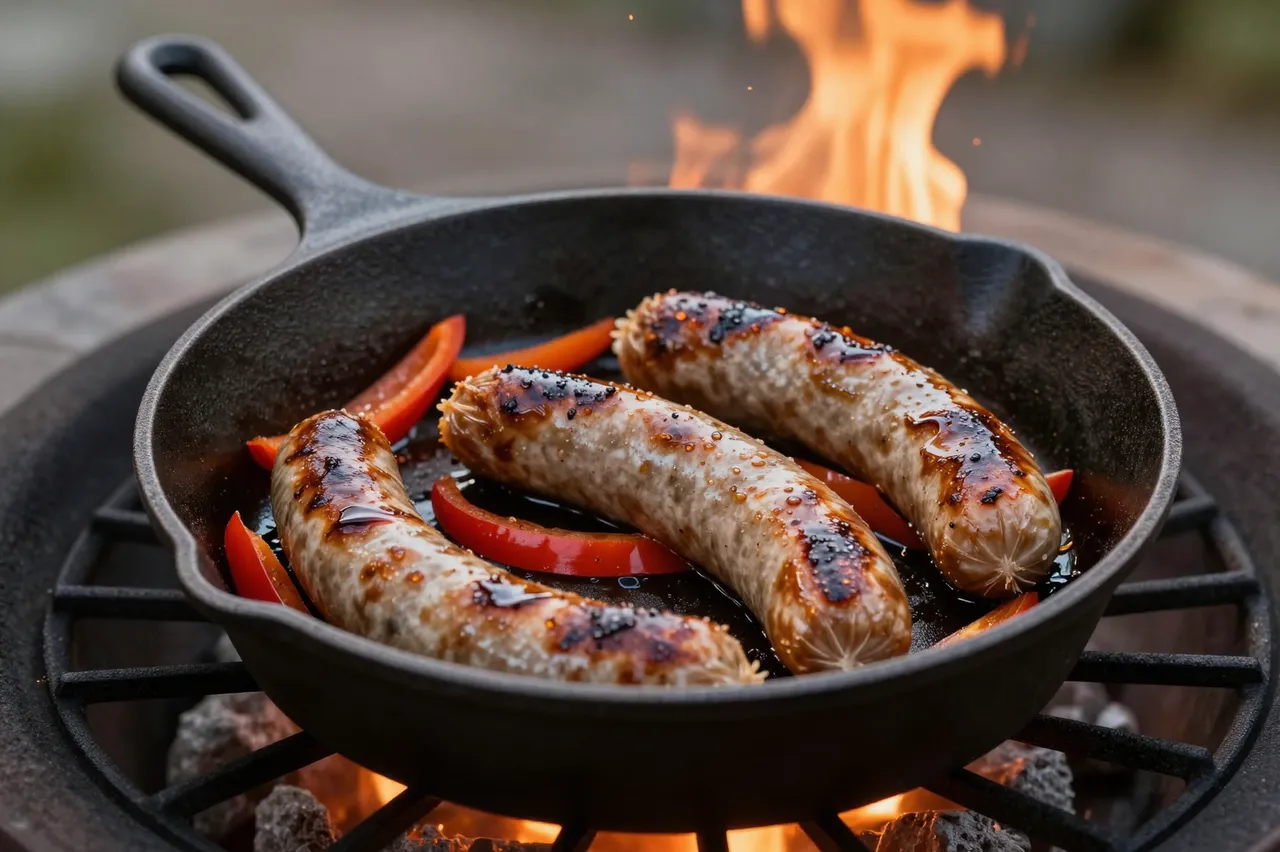 Grilled sausages and red bell peppers cook in a cast iron skillet over a backyard fire pit