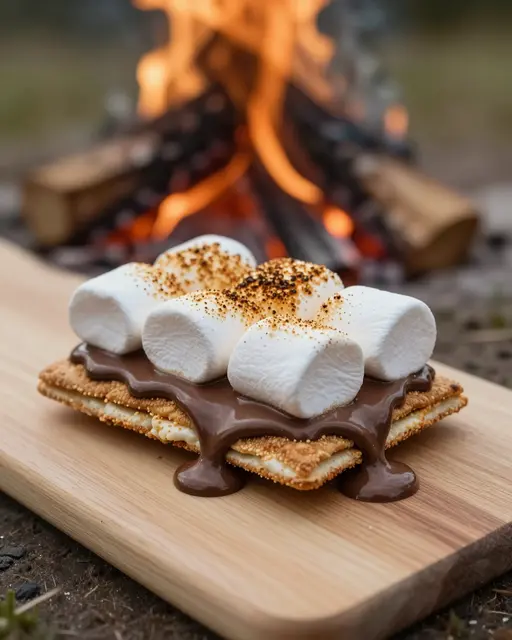 Toasted s'mores with melting chocolate rest on a wooden board beside a glowing campfire