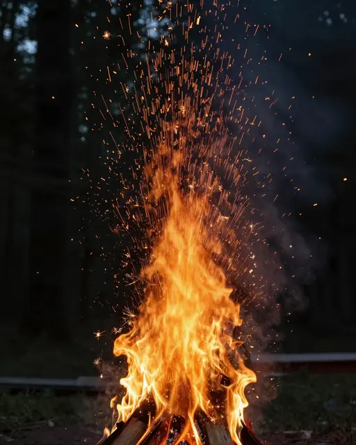 Long exposure shot of a blazing campfire sending streaking sparks upward against a dark night forest backdrop