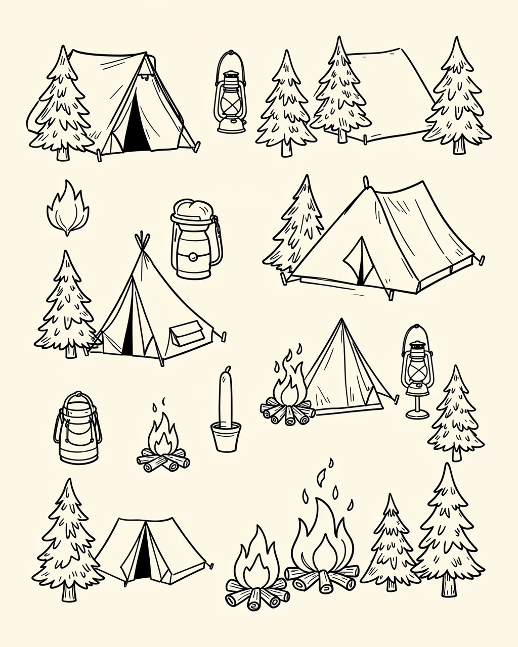 Black line art doodles of camping gear arranged on a cream paper background