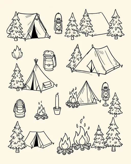 Black line art doodles of camping gear arranged on a cream paper background