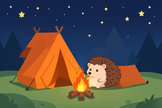 A cute cartoon hedgehog sits beside a campfire next to an orange tent under a starry night sky
