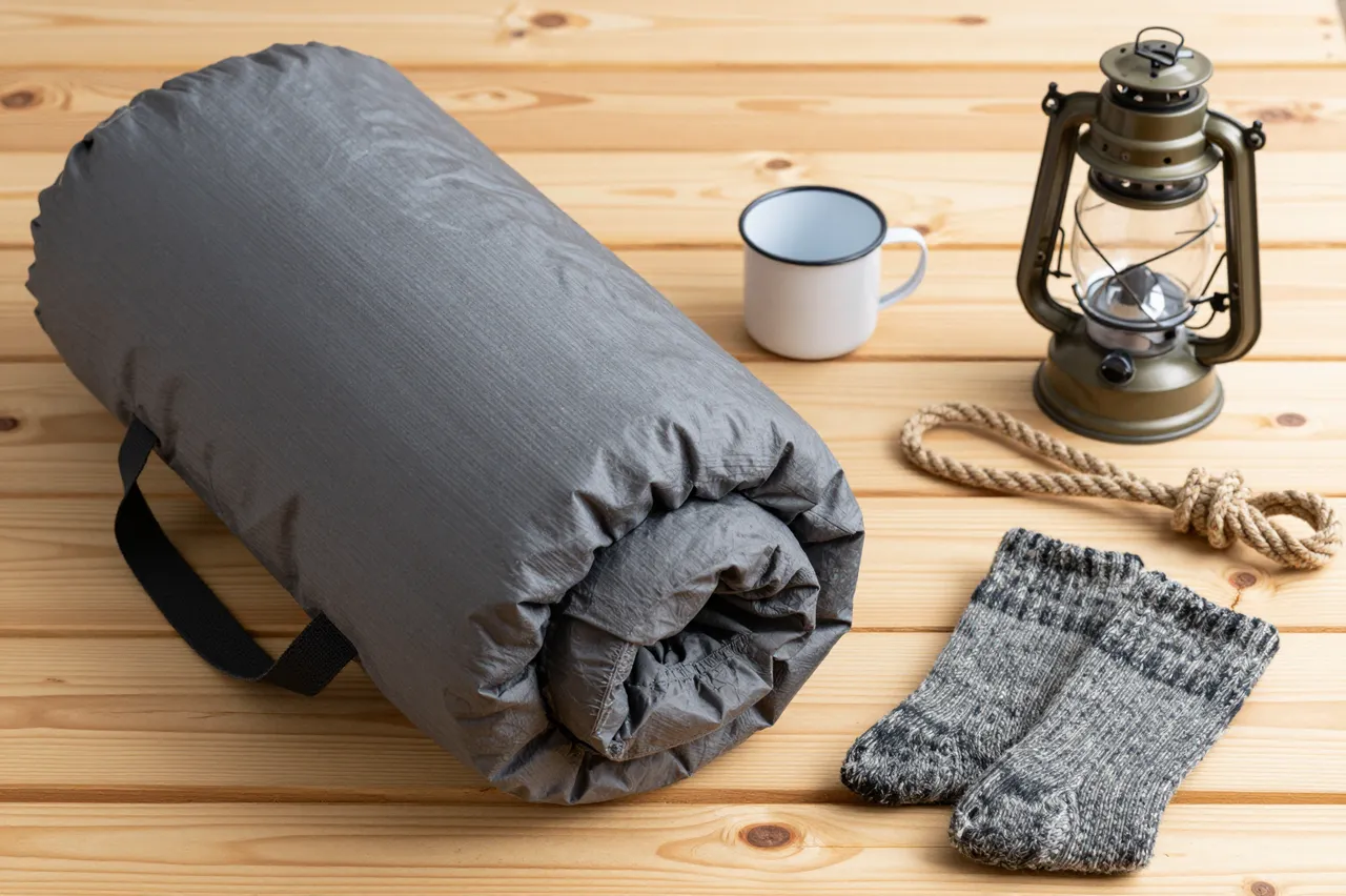 Flat lay arrangement of camping gear resting on a light wooden pine board surface