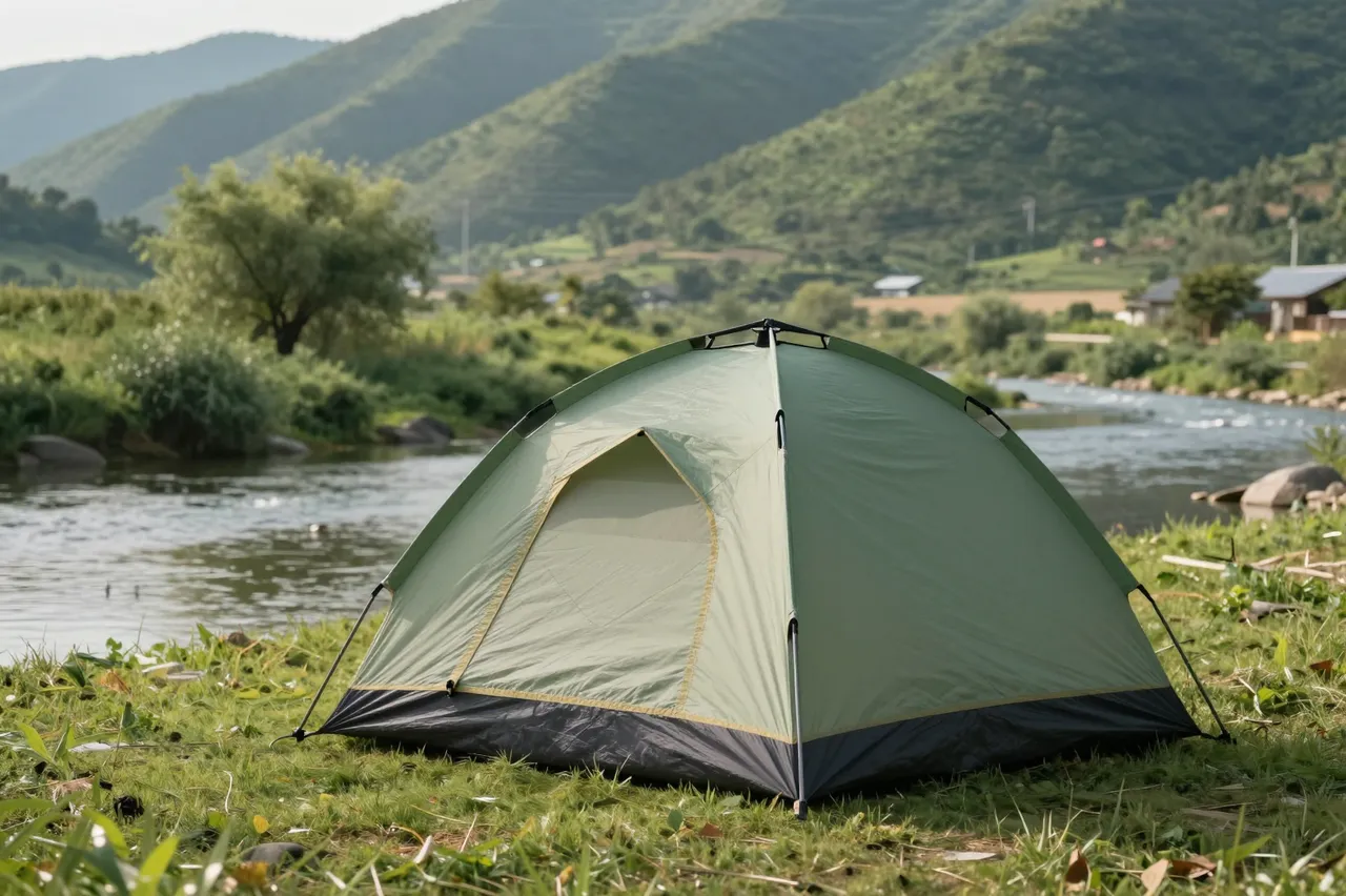 A dome camping tent sits pitched on grass next to a river in a green mountain valley at morning