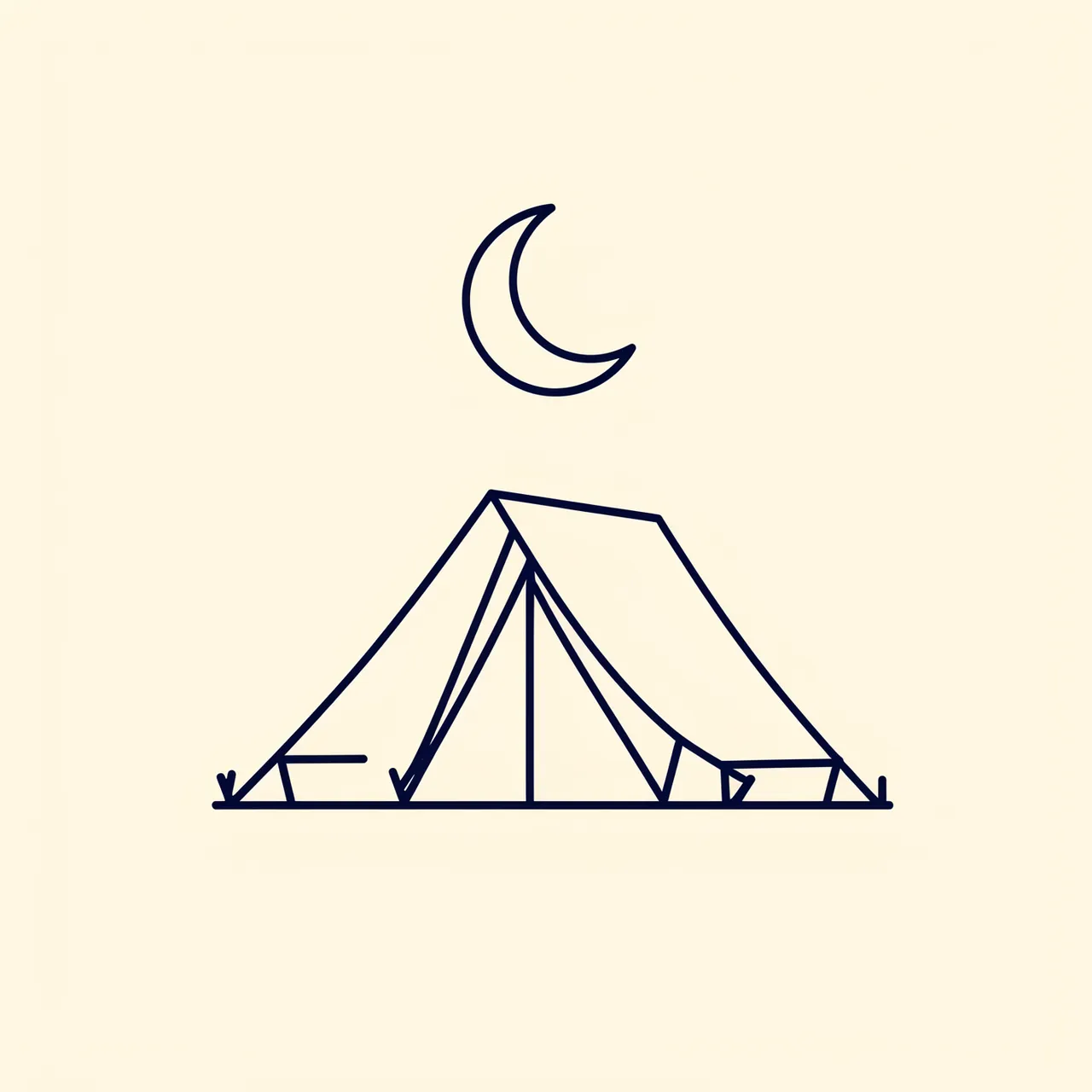 Thin navy line icon of a camping tent beneath a crescent moon on a cream background