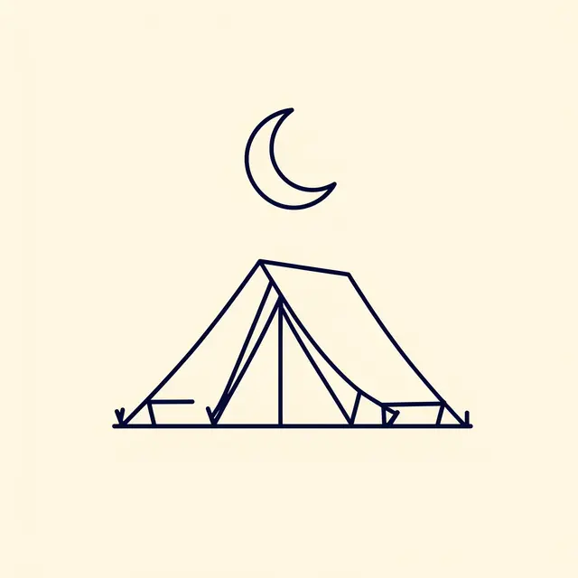 Thin navy line icon of a camping tent beneath a crescent moon on a cream background