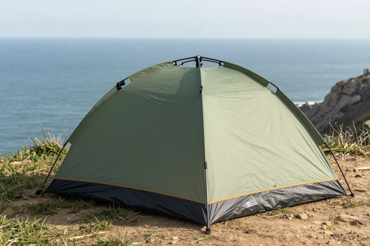 A green dome tent sits pitched on a grassy rocky cliff overlooking a calm blue sea