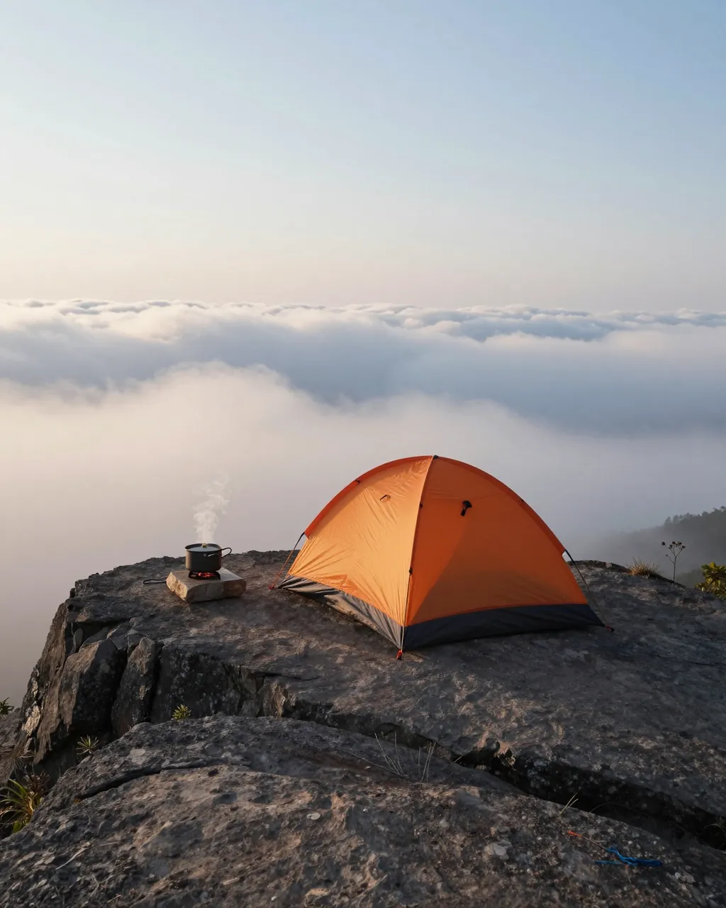 Orange tent and steaming cooking pot on a rocky cliff ledge overlooking a sea of clouds at sunrise
