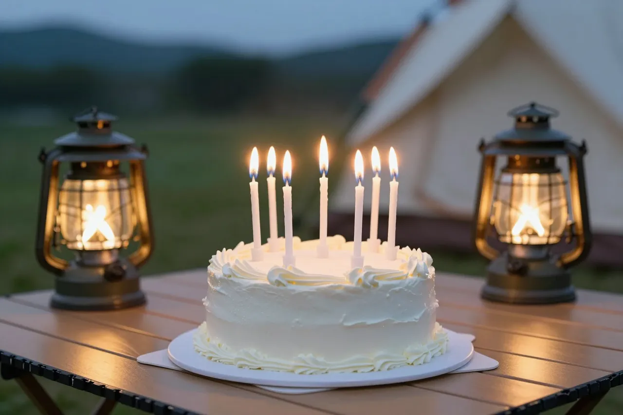 Frosted birthday cake with lit candles sits on a camp table flanked by glowing lanterns near a tent at dusk